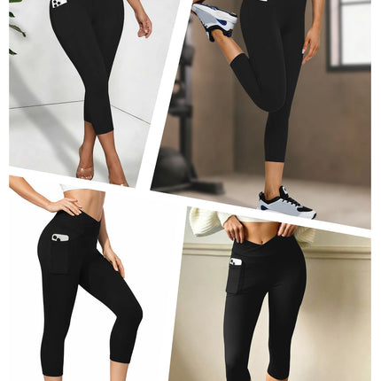 Women's Super Soft Crossover High Waisted Capri Pants With Pockets Tummy Control No See Through Workout Yoga Running Leggings