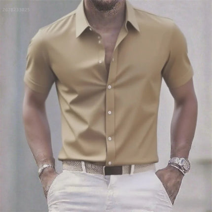 Solid color men's casual shirt, fashionable casual short sleeve stretch fabric, business formal shirt, comfortable fabric