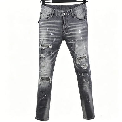 6058 Four Seasons New Men's Wash Grinding Hole Patch Paint Splash Ink Micro-bullet Leg Grey Jeans for Men