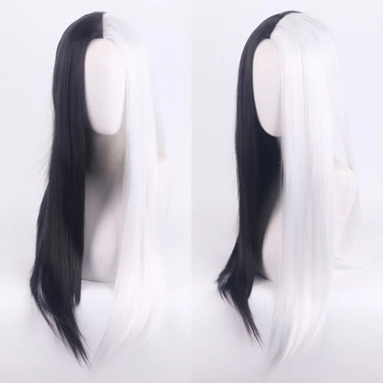 Cosplay Halloween Party Wigs CRUELLA Deville De Vil Black White With Bangs Short Bob Hair for Women Heat-Resistant Synthetic Wig