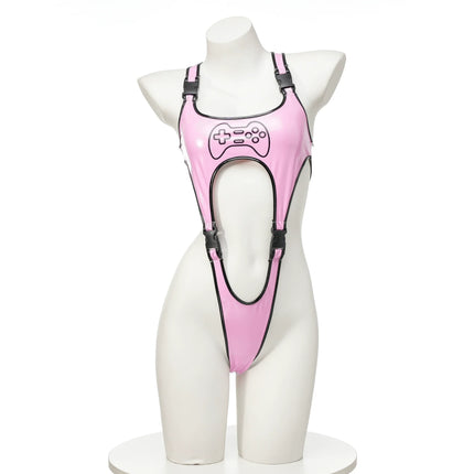 Anime Cartoon Game Controller PU Leather Bodysuit Cosplay Women Cyberpunk Sexy lingerie Shiny Club Wear Outfit
