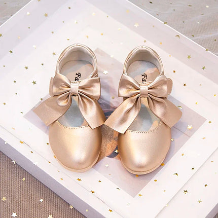 Girls Leather Shoes with Big Bow-knot Princess Sweet Classic Fashion Children Party Shoes White for Wedding Soft Anti-slippery