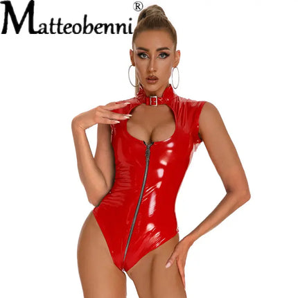 Sexy Hollow Out Women PU Faux Leather Lingerie Bodysuits Latex PVC Catsuit Fetish Lingerie Ladies Erotic Open Crotch Clubwear