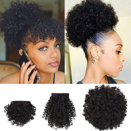 Synthetic Afro Puff Drawstring Ponytail with Short Kinky Curly Bun with 2 Replaceable Bangs Pineapple Updo Hair for Black Women