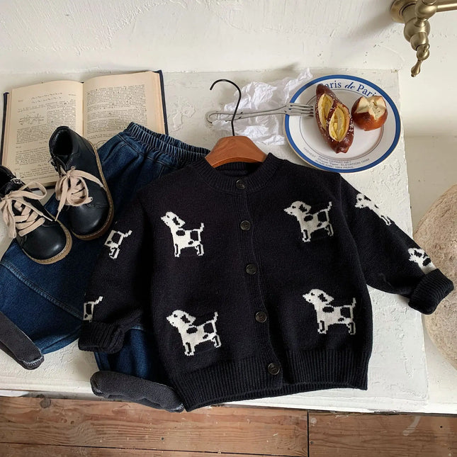 Korean style Kids baby clothes 2024 Fall Winter cartoon dog black sweater for boys and girls knit Cardigan Coat