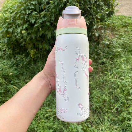 32oz Owa Stainless Steel Insulated Water Bottle with Straw And Ribbons, BPA-Free Sports Water bottle for Men and Women, Portable