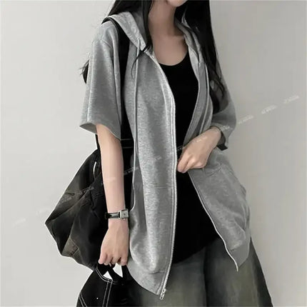 Women's Half Sleeve Zip Up Hoodie Loose Fit Casual Oversized Hooded Sweatshirt with Pockets
