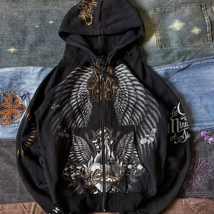 Y2K Harajuku Affliction Hoodie Retro Wing Pattern Printing Oversize Zipper Coat Men Women Hip Hop Personality Casual Sweatshirt