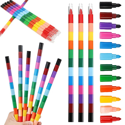 Rainbow Crayon 12-Color Stackable Crayons Painting Stationery Fun Building Blocks Crayon Birthday Festival Gift for Boy Girl ZYF