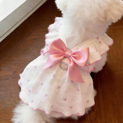 Heart Print Pet Dress with Bow, Breathable Cotton Dog Cat Clothes, Adjustable Pet Outfit with D-ring