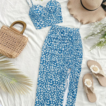 Summer Tops Women's Dress 2 piece suit swimsuit seaside vacation printed suspender Backless Slim top side slit skirt Party Dress