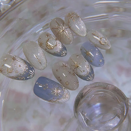 24pcs Romantic Y2k Star Press On Nails Gradient Blue French Style Gold Moon Designs Fake Nail Sweet Almond False Nails For Women