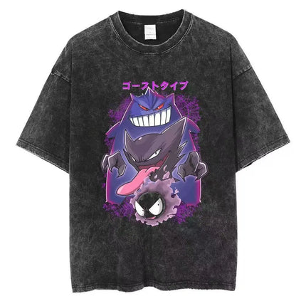2026 Anime Washed Vintage Summer Pokemon Gengar Short Sleeve Tee Graphic T-Shirt Man Women Cosplay Casual Tops Y2k Streetwear
