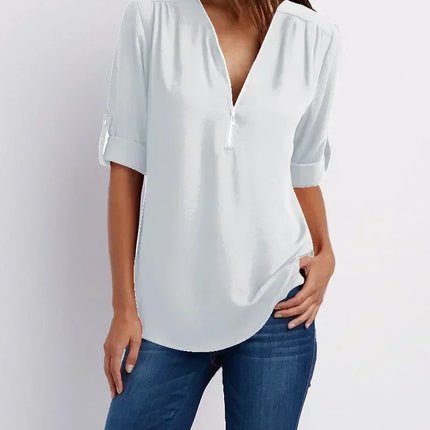 Summer Women Cool Loose Shirt Deep V Neck Chiffon Blouse Casual Ladies Tops Sexy Zipper Pullover Plus Size Long Sleeve Fashion