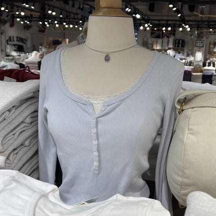Six Buttons Ribbed Long Sleeve T-shirts Women Spring Round Neck Cotton Slim Tee Top Female Sweet Cute Pink Tshirt Y2k Tops New