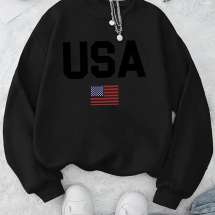 Women's Casual USA Print Pullover Sweatshirt Geometric Design Long Sleeve Round Neck Machine Washable Regular Fit for Autum