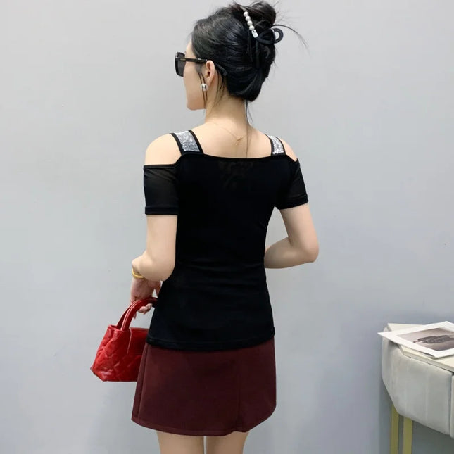 Summer Streetwear Fashion Women's T-shirt Luxury Design Butterfly Hot Diamonds Tee Sexy Off Shoulder Girls Tops European Clothes