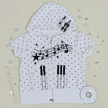 Polka Dot Music Note Print Hoodie Women Zip Up Lace Trim Short Sleeve Y2K Kawaii Coquette Casual Summer Sweatshirt