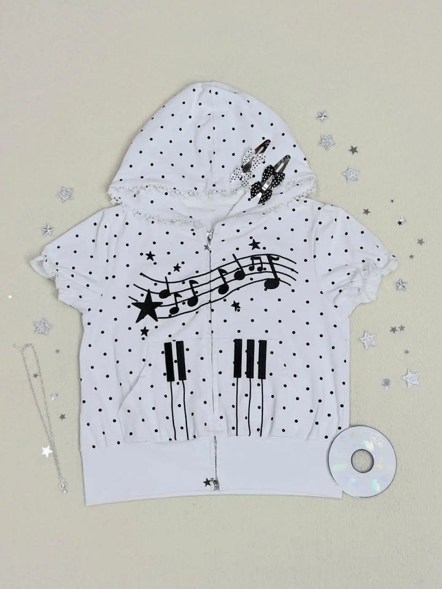 Polka Dot Music Note Print Hoodie Women Zip Up Lace Trim Short Sleeve Y2K Kawaii Coquette Casual Summer Sweatshirt