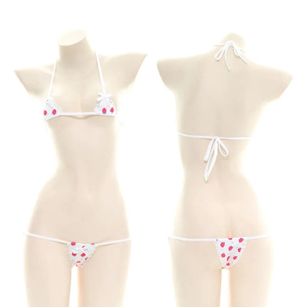 Erotic Fun Strawberry Costumes Bra Sexy Lingerie Lolita Kawaii Cosplay Pink White Striped Mini Bikini Women Underwear Japanese