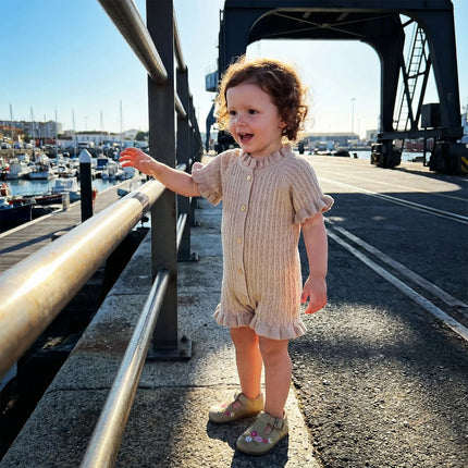 FOCUSNORM 0-24M Lovely Baby Girls Boys Summer Knit Romper Ruffle Trim Short Sleeve Button-up Jumpsuit Newborn Bodysuit