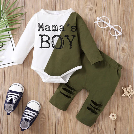 PatPat 2pcs Baby Letter Print Color Block Long-sleeve Romper and Hollow-out Trousers Set Soft and Comfortable