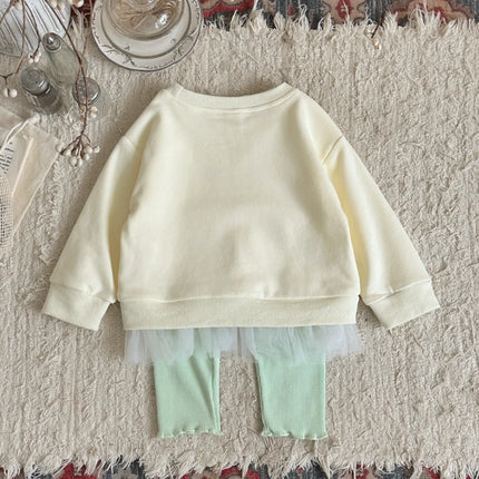 Autumn Toddler Baby Girls Outfit Printed Embroidery Lace Hem Round Neck Sweatshirt Solid Elastic Waist Pants Spring Clothes