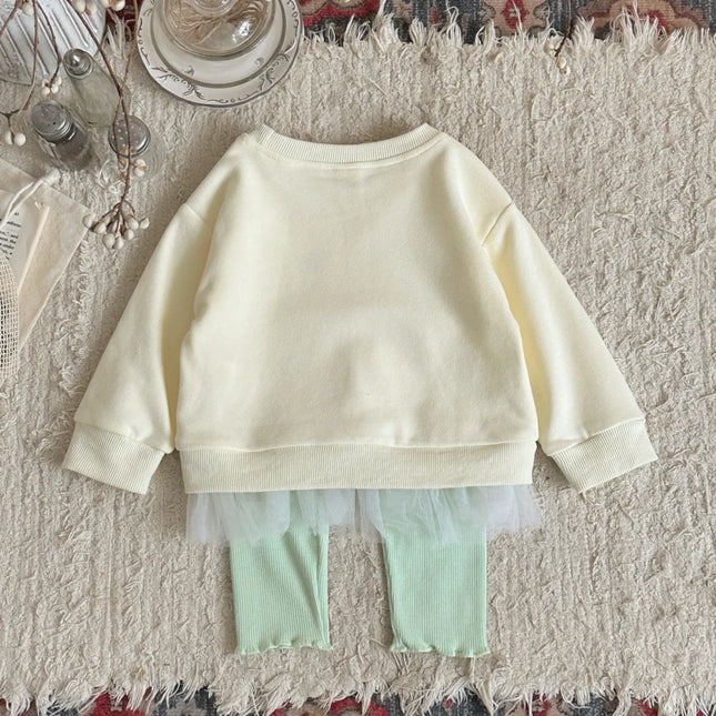 Autumn Toddler Baby Girls Outfit Printed Embroidery Lace Hem Round Neck Sweatshirt Solid Elastic Waist Pants Spring Clothes