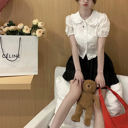 White Doll Collar Bubble Sleeve Shirt Women's Summer 2025 New Design Sweet Short Style Top Polyester Fabric Pure Color Fresh...