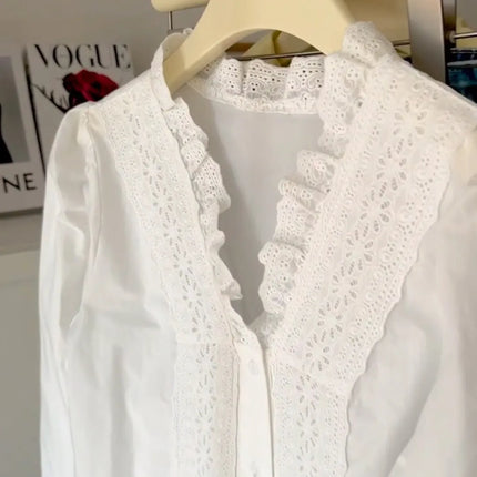 Lace Ruffles Sweet White Shirt Women Elegant Long Sleeve Vintage Korean Blouse Fall Casual Stand Collar Female Retro Tops