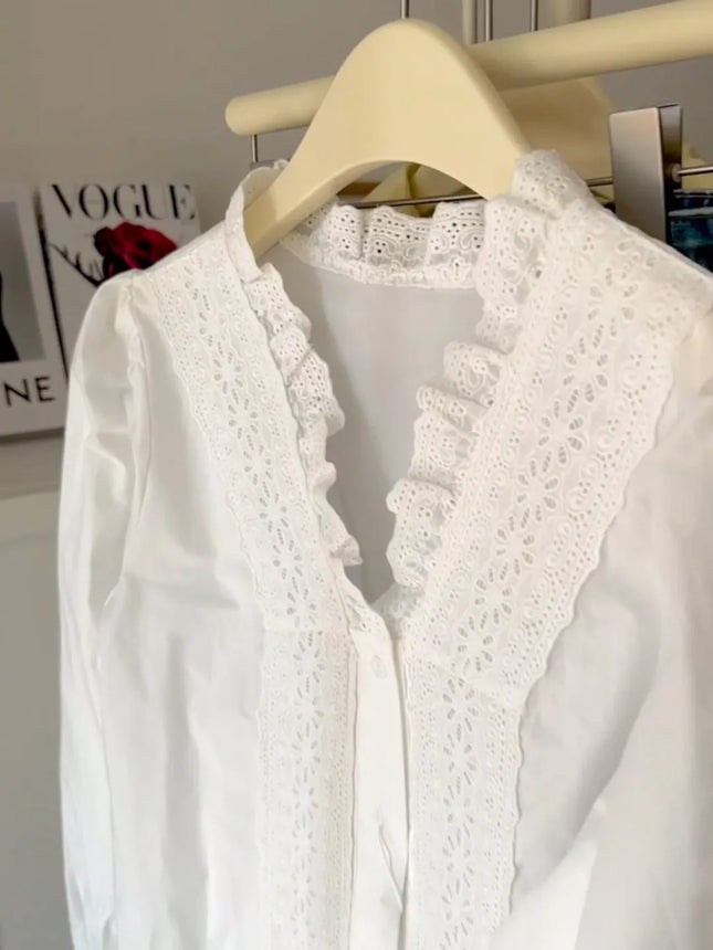 Lace Ruffles Sweet White Shirt Women Elegant Long Sleeve Vintage Korean Blouse Fall Casual Stand Collar Female Retro Tops