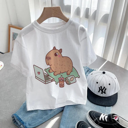 Summer Cotton Children's T-shirt Short Sleeve Capybaras Love Cute Animal Cartoon Kid Clothes Baby Girl Boy Cute Casual Y2k Tee Top
