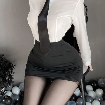 Sexy Pure Desire Summer Top Skirt Set Secretary Style OL Career White Shirt Women's Slim Fit Casual Fashion V-neck Polyester