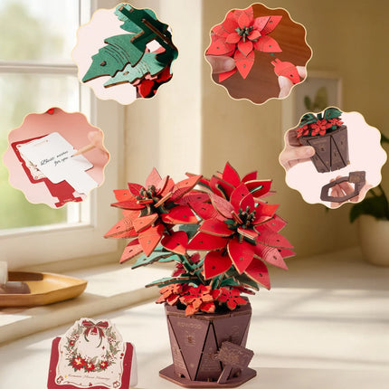 Rolife Artificial Flower Wooden 3D Puzzle Poinsettia DIY Model Building Kit for Home Decor Mother's Day Valentine's Day Gifts