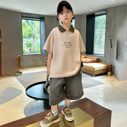 Boys Summer Cartoon Print Polo Shirt 5-14 Years Fashion Short Sleeve Cotton Sport T-shirt Casual Letter Top for Kids