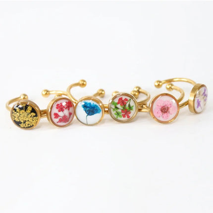 Wency Stainless Steel Dried Flower Round Rings For Women Eternal Flower Open Finger Ring Jewelry Wedding Band Gift Wholesale New