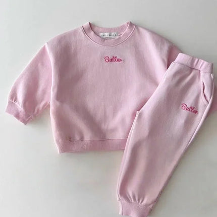 Casual Kids Tracksuit Set for Boys Girls Pure Cotton Solid Color Embroidered "Butter" Sweatshirt Pants Spring Autumn Wear