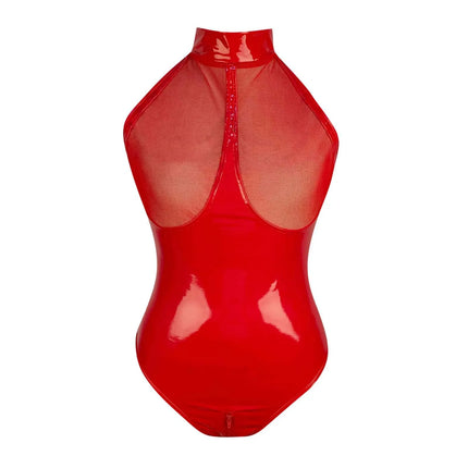 Sexy Lingerie Women Mesh Faux Leather Bodysuits Latex Body Femme Catsuit Fetish Ladies Erotic Open Crotch Underwear Teddies