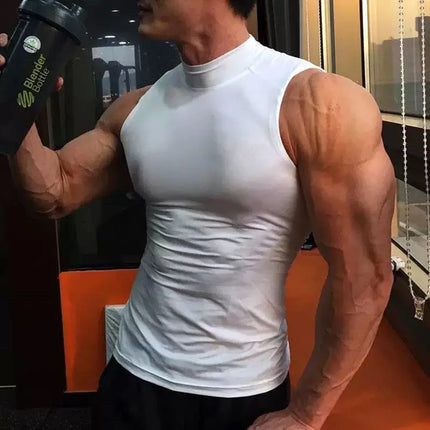 Men's Sleeveless Turtleneck Compression Shirt Man Quick Dry Workout Fitness Gym Tank Top Base Layer Bodybuilding Running Vest