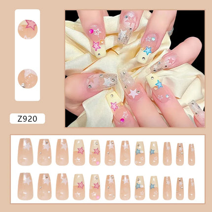 Sparkling Diamond 24 Pcs Press on Nails Pink Nail polish Glossy Artificial Finger Manicure Reusable False Nails