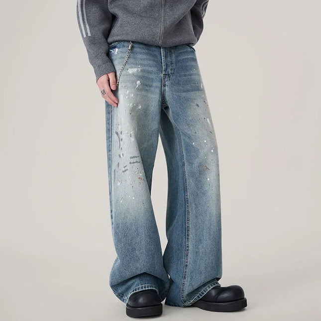 Autumn Korean Splashed Ink Jeans Men'S Straight Leg Pants Fashionable High Street Retro Loose Wide Leg Pants Design Pants