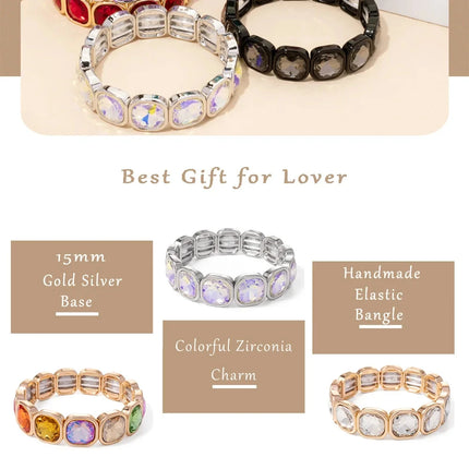 2024 Gold Color Crystal Bangle Handmade Square Shape Rhinestones Boho Women Tennis Bracelet Elastic Bohemian Zircon Jewelry