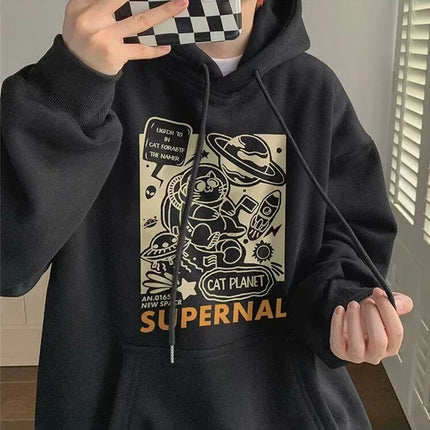 Autumn Cartoon Cat Planet Printed Hoodies Men's Y2K Vintage Purple Hooded Sweatshirts Women Hip Hop Fashion Fleece Hoody Clothes