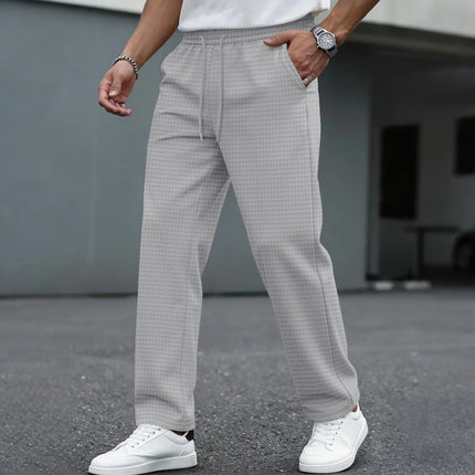 Men's Waffle Knit Casual Pants, with Elastic Waist Design, Straight-Leg Fit, Suitable for Daily Wear, for Street Style Outfits.