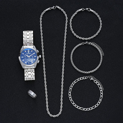 6 Pcs Set Men's Stainless Steel Watches Business Luxury Quartz Wristwatch Calendar Clock Casual Watch Necklace Bracelet Ring Set