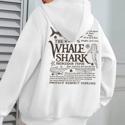 Creative Whale Shark With Letters Print Woman'S Streetwear Soft Trendy Hoodies Solid Color Warm Clothes Loose Hip Hop Hoody