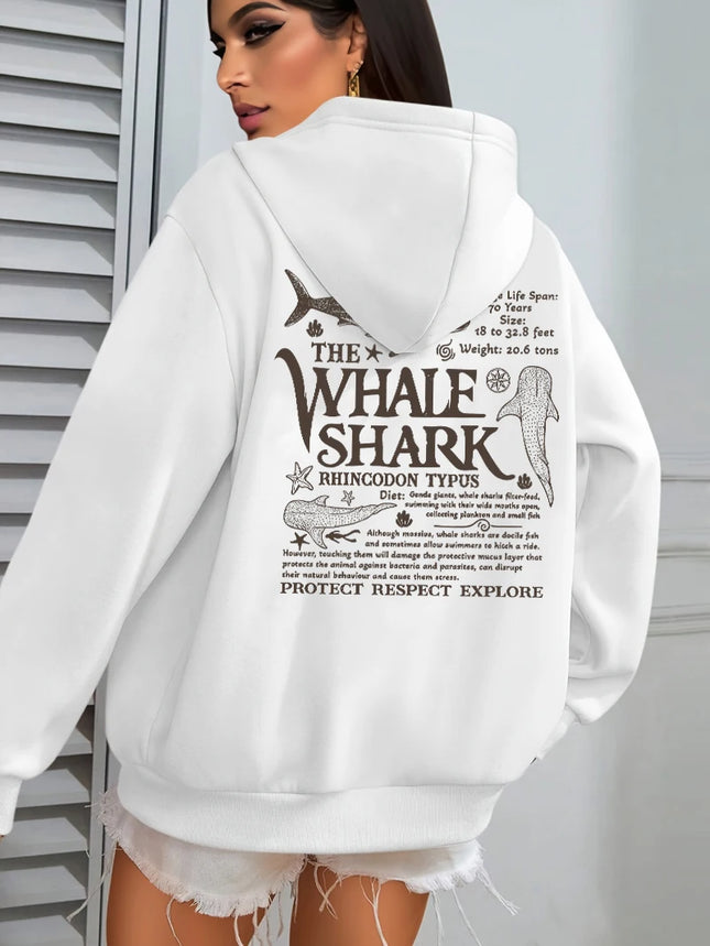 Creative Whale Shark With Letters Print Woman'S Streetwear Soft Trendy Hoodies Solid Color Warm Clothes Loose Hip Hop Hoody