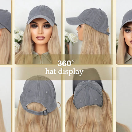 Light Golden Wavy Baseball Cap Integrated Wig, Ash-Toned Cap Design, Korean-Style Versatile Synthetic Wig Hat, for Daily Outings