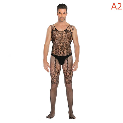 Men's Black Sexy Fishnet Body Stockings Plus Size Male Erotic Underwear Exotic Open Crotchless One-pieces Body suits for Man