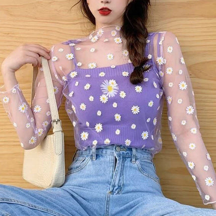 Korea Style Mesh T Shirt Lace Flower under Shirt Long sleeve transparent Tshirt Sexy Black Lace See through Mesh Tee Tops Women
